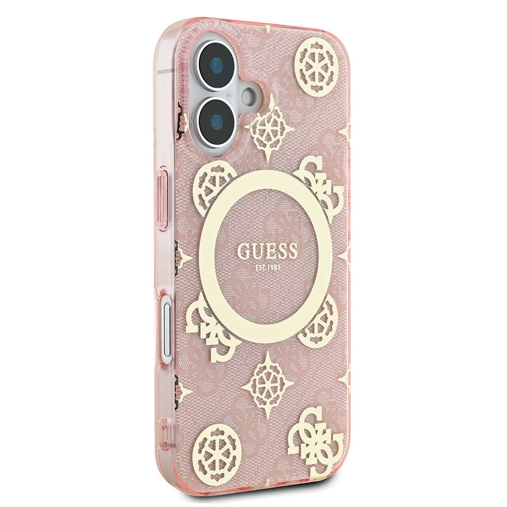 Apple iPhone 16 Plus Kılıf Guess Orjinal Lisanslı Magsafe Şarj Özellikli 4G Desenli IML Yazı Logolu Peony Kapak Kahverengi