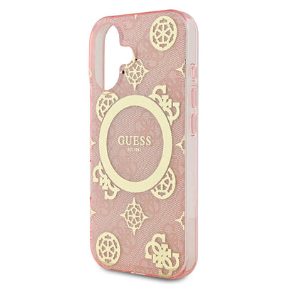 Apple iPhone 16 Plus Kılıf Guess Orjinal Lisanslı Magsafe Şarj Özellikli 4G Desenli IML Yazı Logolu Peony Kapak Pembe