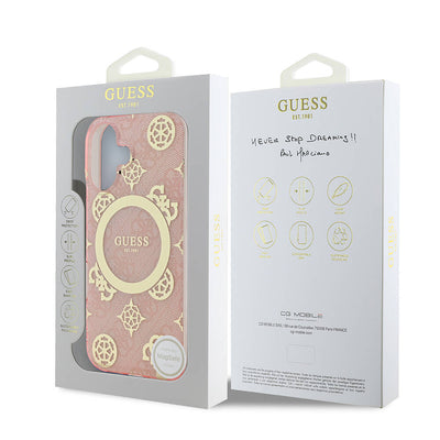 Apple iPhone 16 Plus Kılıf Guess Orjinal Lisanslı Magsafe Şarj Özellikli 4G Desenli IML Yazı Logolu Peony Kapak Pembe