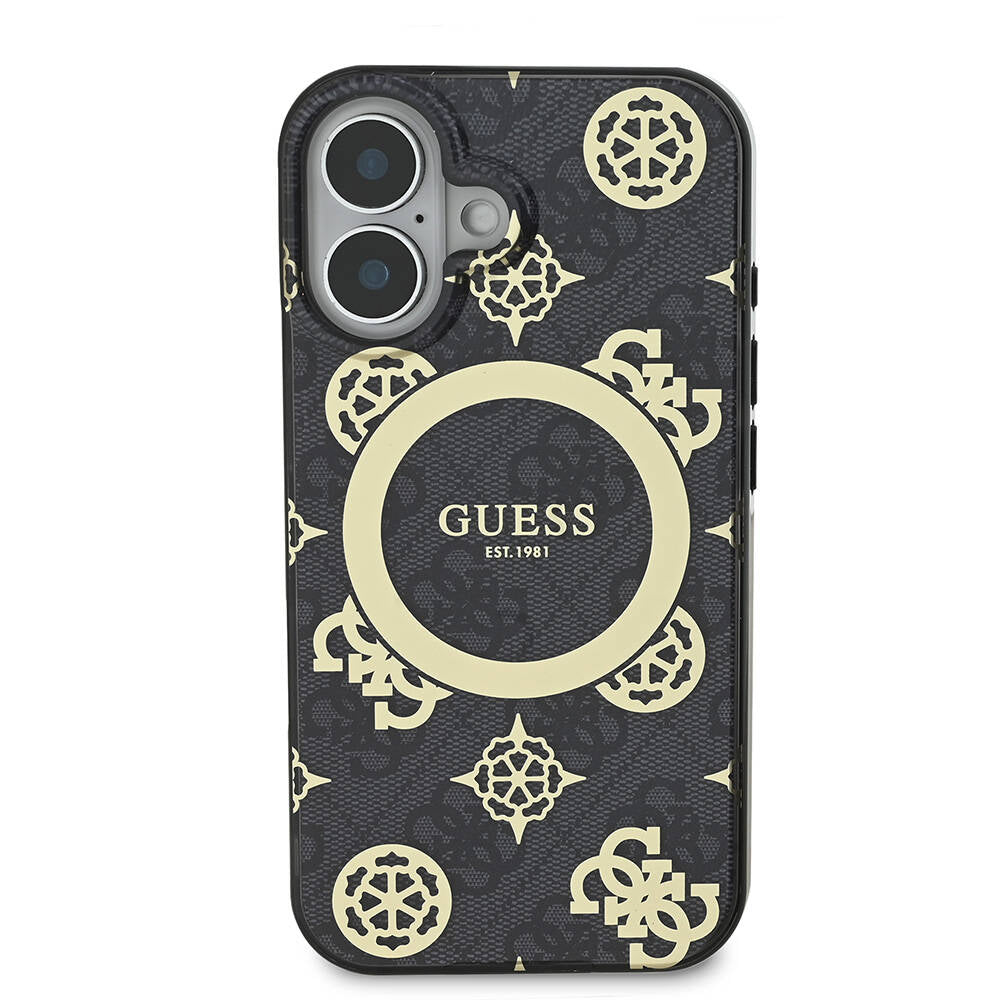 Apple iPhone 16 Plus Kılıf Guess Orjinal Lisanslı Magsafe Şarj Özellikli 4G Desenli IML Yazı Logolu Peony Kapak Kahverengi