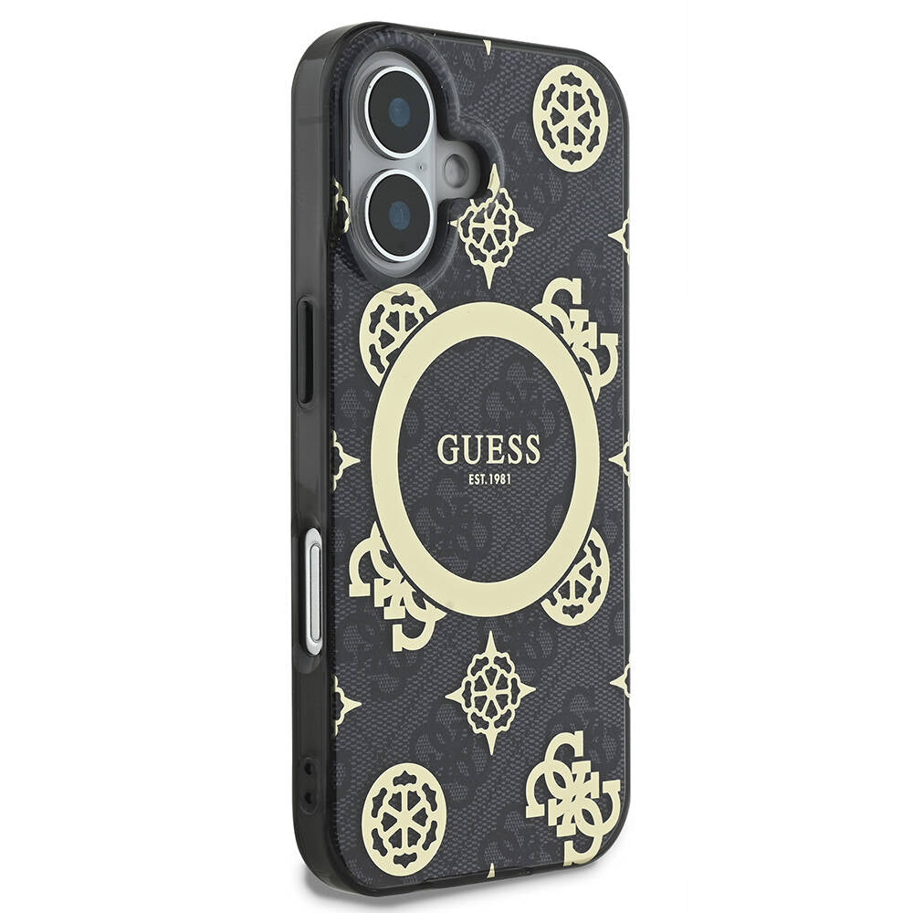 Apple iPhone 16 Plus Kılıf Guess Orjinal Lisanslı Magsafe Şarj Özellikli 4G Desenli IML Yazı Logolu Peony Kapak Kahverengi