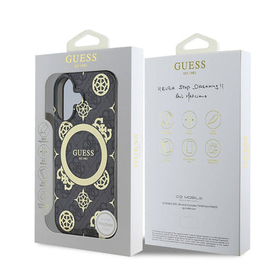 Apple iPhone 16 Plus Kılıf Guess Orjinal Lisanslı Magsafe Şarj Özellikli 4G Desenli IML Yazı Logolu Peony Kapak Kahverengi