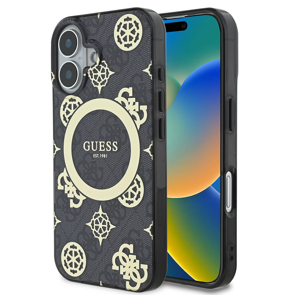 iPhone 16 Plus Kılıf Guess Orjinal Lisanslı M-safe Şarj Özellikli 4G Desenli IML Yazı Logolu Peony Kılıf
