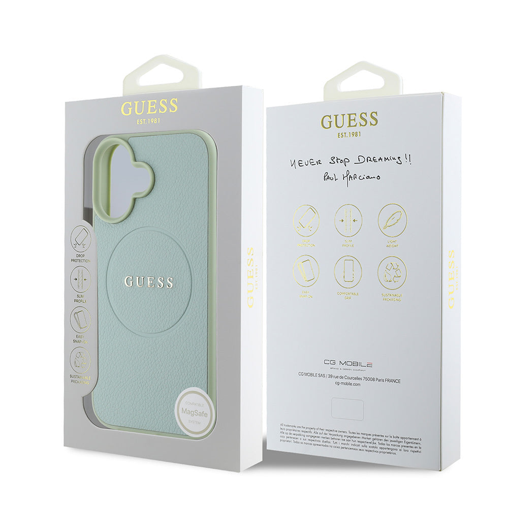 Apple iPhone 16 Plus Kılıf Guess Orjinal Lisanslı Magsafe Şarj Özellikli Yazı Logolu Grained Kapak Yeşil