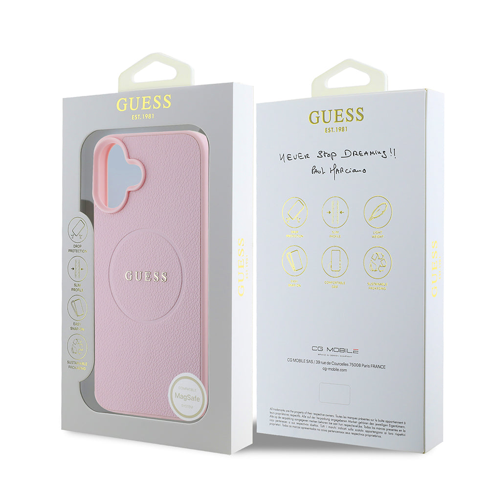 Apple iPhone 16 Plus Kılıf Guess Orjinal Lisanslı Magsafe Şarj Özellikli Yazı Logolu Grained Kapak Pembe