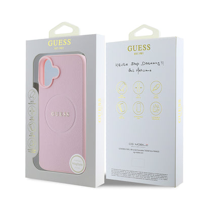 Apple iPhone 16 Plus Kılıf Guess Orjinal Lisanslı Magsafe Şarj Özellikli Yazı Logolu Grained Kapak Pembe