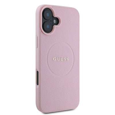 Apple iPhone 16 Plus Kılıf Guess Orjinal Lisanslı Magsafe Şarj Özellikli Yazı Logolu Grained Kapak Pembe