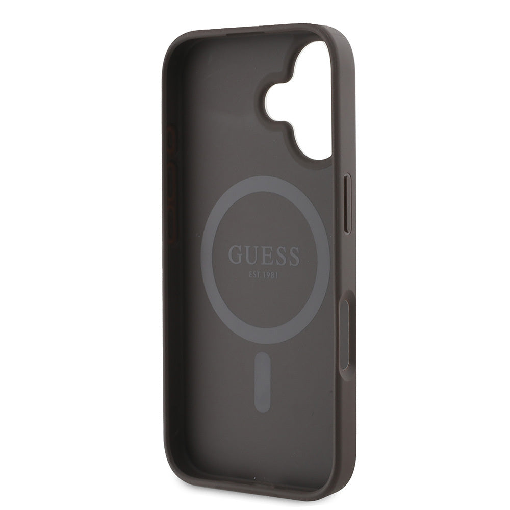 Apple iPhone 16 Plus Kılıf Guess Orjinal Lisanslı Magsafe Şarj Özellikli 4G Desenli Yazı Logolu Peony Kapak Kahverengi