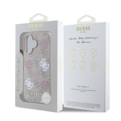 Apple iPhone 16 Plus Kılıf Guess Orjinal Lisanslı Magsafe Şarj Özellikli 4G Desenli Yazı Logolu Peony Kapak Pembe
