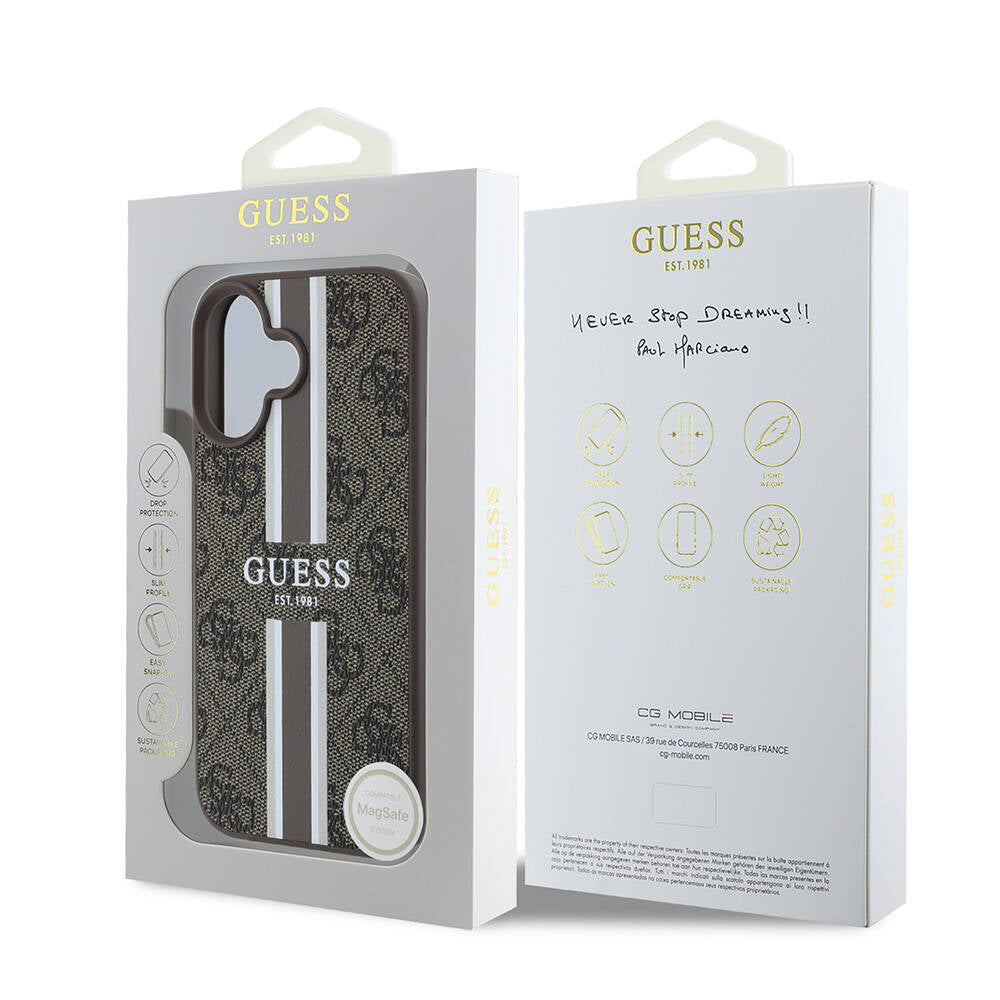 Apple iPhone 16 Plus Kılıf Guess Orjinal Lisanslı Magsafe Şarj Özellikli 4G Şerit Tasarımlı Printed Kapak Kahverengi