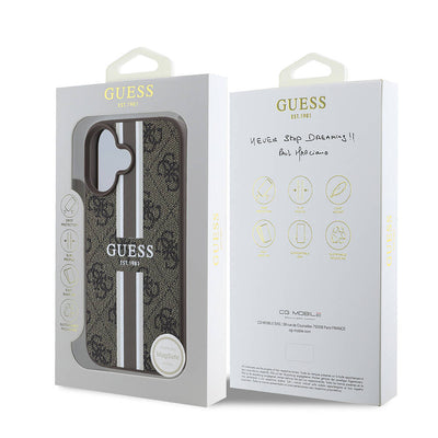 Apple iPhone 16 Plus Kılıf Guess Orjinal Lisanslı Magsafe Şarj Özellikli 4G Şerit Tasarımlı Printed Kapak Kahverengi
