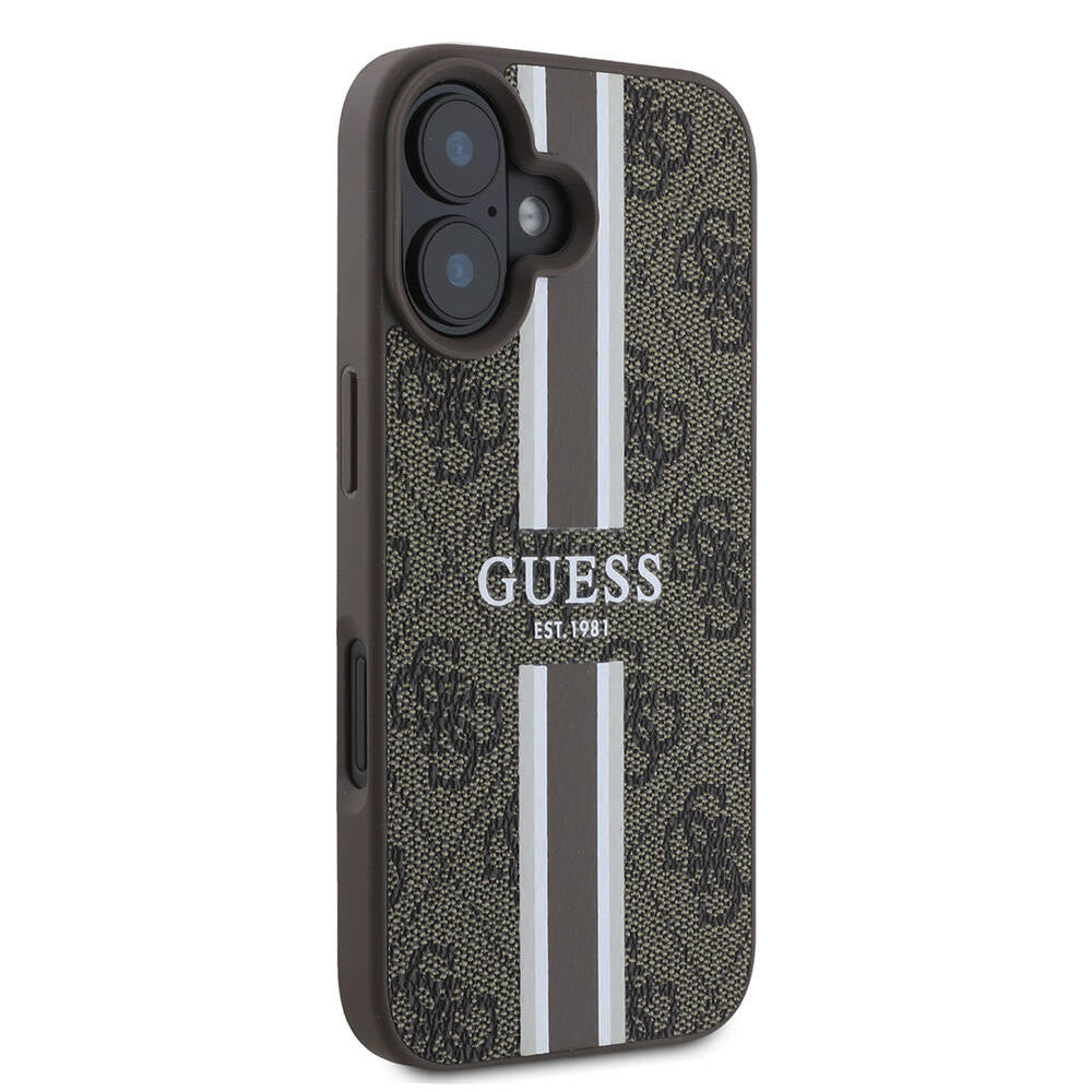 Apple iPhone 16 Plus Kılıf Guess Orjinal Lisanslı Magsafe Şarj Özellikli 4G Şerit Tasarımlı Printed Kapak Kahverengi