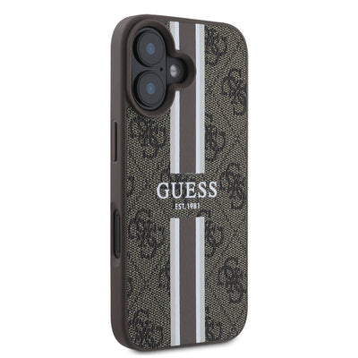 Apple iPhone 16 Plus Kılıf Guess Orjinal Lisanslı Magsafe Şarj Özellikli 4G Şerit Tasarımlı Printed Kapak Kahverengi