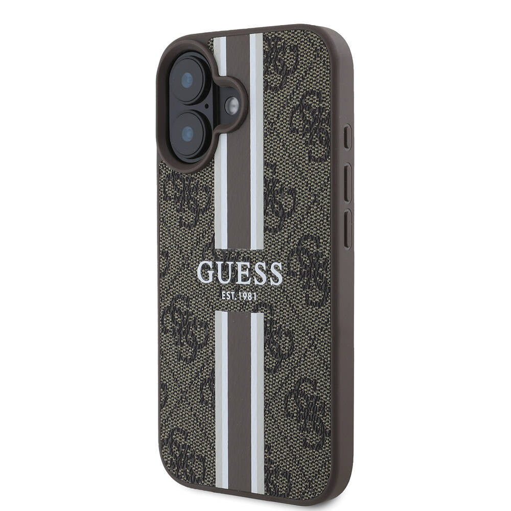 Apple iPhone 16 Plus Kılıf Guess Orjinal Lisanslı Magsafe Şarj Özellikli 4G Şerit Tasarımlı Printed Kapak Kahverengi
