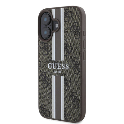 Apple iPhone 16 Plus Kılıf Guess Orjinal Lisanslı Magsafe Şarj Özellikli 4G Şerit Tasarımlı Printed Kapak Kahverengi