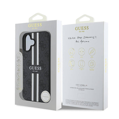 Apple iPhone 16 Plus Kılıf Guess Orjinal Lisanslı Magsafe Şarj Özellikli 4G Şerit Tasarımlı Printed Kapak Kahverengi