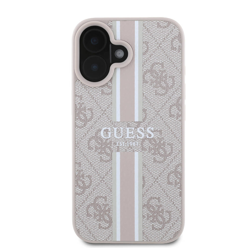 Apple iPhone 16 Plus Kılıf Guess Orjinal Lisanslı Magsafe Şarj Özellikli 4G Şerit Tasarımlı Printed Kapak Kahverengi