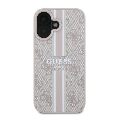 Apple iPhone 16 Plus Kılıf Guess Orjinal Lisanslı Magsafe Şarj Özellikli 4G Şerit Tasarımlı Printed Kapak Kahverengi