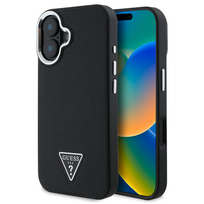 Apple iPhone 16 Plus Kılıf Guess Orjinal Lisanslı Magsafe Şarj Özellikli Grained Triangle Kapak Kahverengi