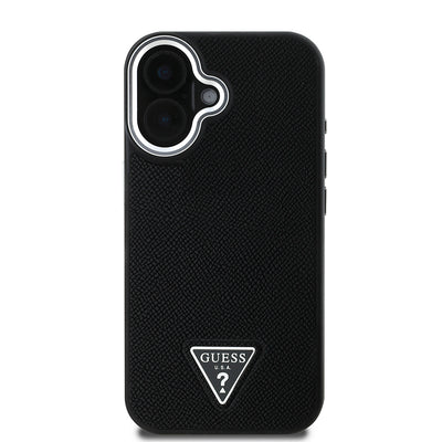 Apple iPhone 16 Plus Kılıf Guess Orjinal Lisanslı Magsafe Şarj Özellikli Grained Triangle Kapak Kahverengi
