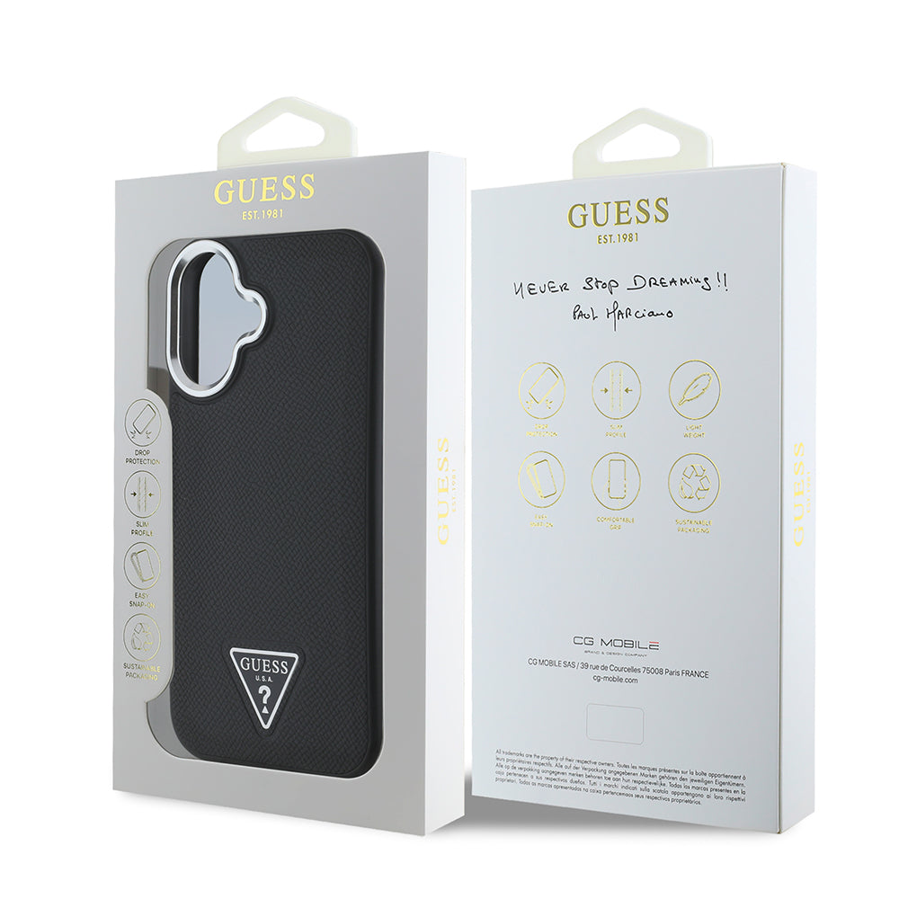 Apple iPhone 16 Plus Kılıf Guess Orjinal Lisanslı Magsafe Şarj Özellikli Grained Triangle Kapak Kahverengi