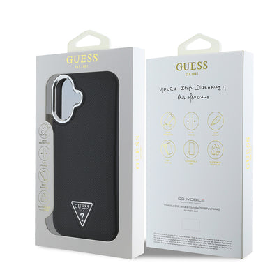 Apple iPhone 16 Plus Kılıf Guess Orjinal Lisanslı Magsafe Şarj Özellikli Grained Triangle Kapak Kahverengi