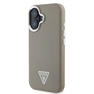 Apple iPhone 16 Plus Kılıf Guess Orjinal Lisanslı Magsafe Şarj Özellikli Grained Triangle Kapak Kahverengi