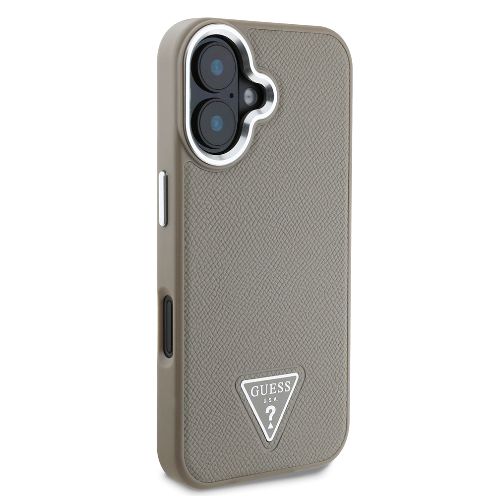 Apple iPhone 16 Plus Kılıf Guess Orjinal Lisanslı Magsafe Şarj Özellikli Grained Triangle Kapak Kahverengi
