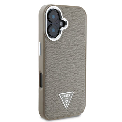 Apple iPhone 16 Plus Kılıf Guess Orjinal Lisanslı Magsafe Şarj Özellikli Grained Triangle Kapak Kahverengi