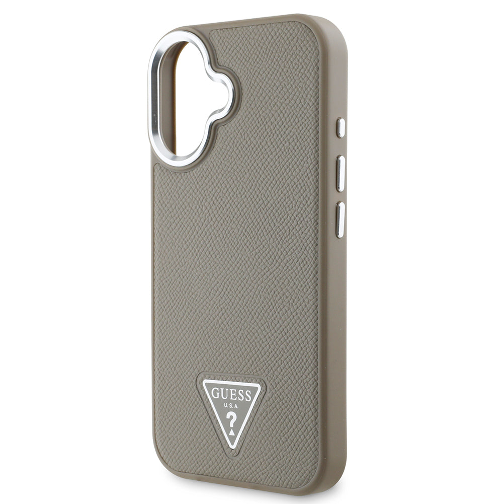 Apple iPhone 16 Plus Kılıf Guess Orjinal Lisanslı Magsafe Şarj Özellikli Grained Triangle Kapak Kahverengi