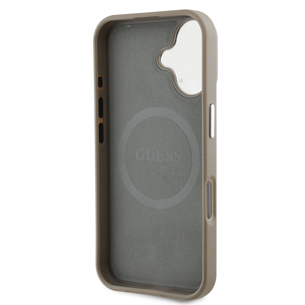 Apple iPhone 16 Plus Kılıf Guess Orjinal Lisanslı Magsafe Şarj Özellikli Grained Triangle Kapak Kahverengi