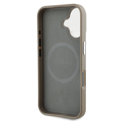 Apple iPhone 16 Plus Kılıf Guess Orjinal Lisanslı Magsafe Şarj Özellikli Grained Triangle Kapak Kahverengi