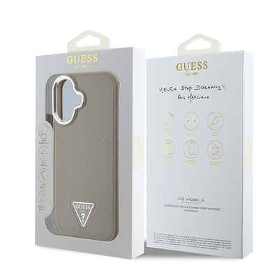 Apple iPhone 16 Plus Kılıf Guess Orjinal Lisanslı Magsafe Şarj Özellikli Grained Triangle Kapak Kahverengi
