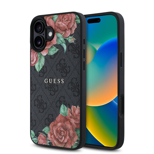 iPhone 16 Plus Kılıf Guess Orjinal Lisanslı M-safe Şarj Özellikli Gül Baskılı 4G Desenli Yazı Logolu Kılıf