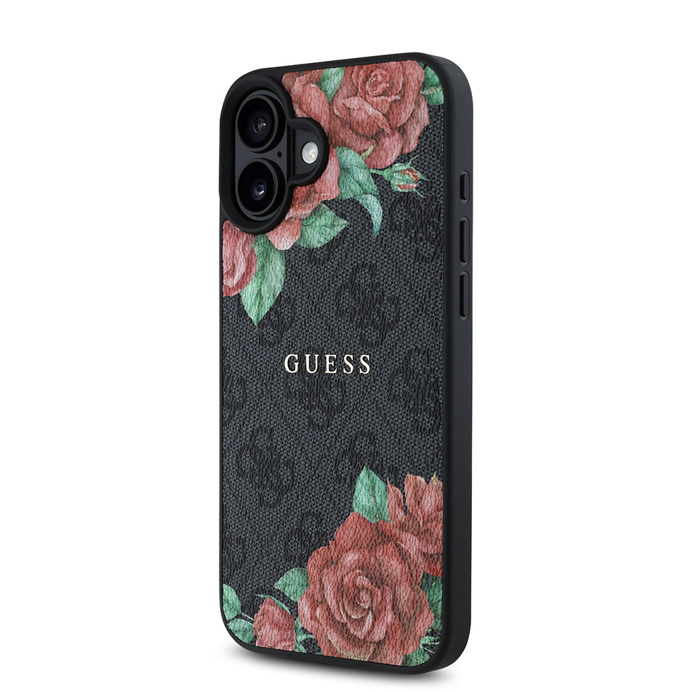 iPhone 16 Plus Kılıf Guess Orjinal Lisanslı M-safe Şarj Özellikli Gül Baskılı 4G Desenli Yazı Logolu Kılıf