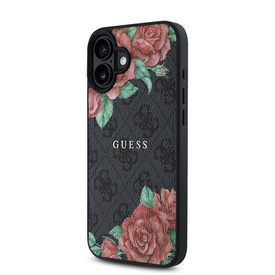 Apple iPhone 16 Plus Kılıf Guess Orjinal Lisanslı Magsafe Şarj Özellikli Gül Baskılı 4G Desenli Yazı Logolu Kapak Siyah