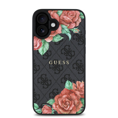 Apple iPhone 16 Plus Kılıf Guess Orjinal Lisanslı Magsafe Şarj Özellikli Gül Baskılı 4G Desenli Yazı Logolu Kapak Siyah