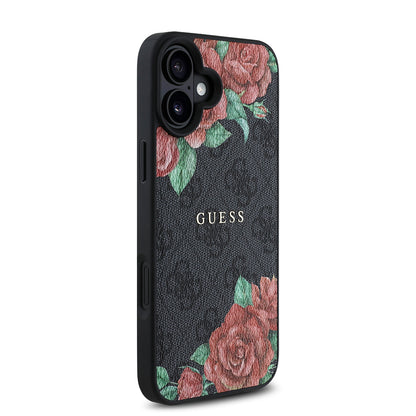 iPhone 16 Plus Kılıf Guess Orjinal Lisanslı M-safe Şarj Özellikli Gül Baskılı 4G Desenli Yazı Logolu Kılıf