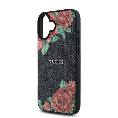 Apple iPhone 16 Plus Kılıf Guess Orjinal Lisanslı Magsafe Şarj Özellikli Gül Baskılı 4G Desenli Yazı Logolu Kapak Siyah