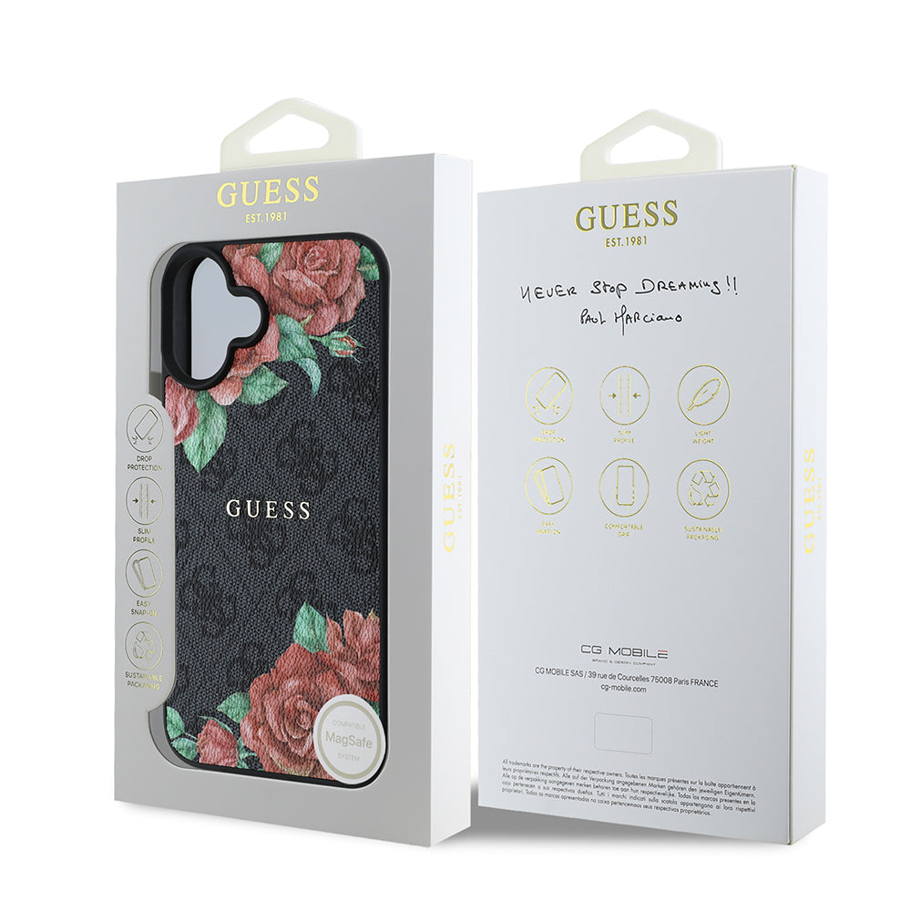 iPhone 16 Plus Kılıf Guess Orjinal Lisanslı M-safe Şarj Özellikli Gül Baskılı 4G Desenli Yazı Logolu Kılıf