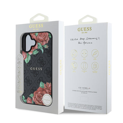 iPhone 16 Plus Kılıf Guess Orjinal Lisanslı M-safe Şarj Özellikli Gül Baskılı 4G Desenli Yazı Logolu Kılıf
