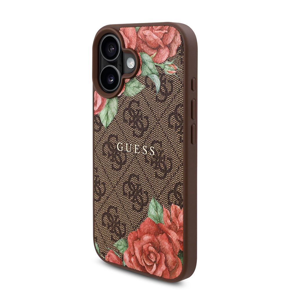 iPhone 16 Plus Kılıf Guess Orjinal Lisanslı M-safe Şarj Özellikli Gül Baskılı 4G Desenli Yazı Logolu Kılıf