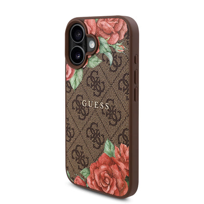 iPhone 16 Plus Kılıf Guess Orjinal Lisanslı M-safe Şarj Özellikli Gül Baskılı 4G Desenli Yazı Logolu Kılıf