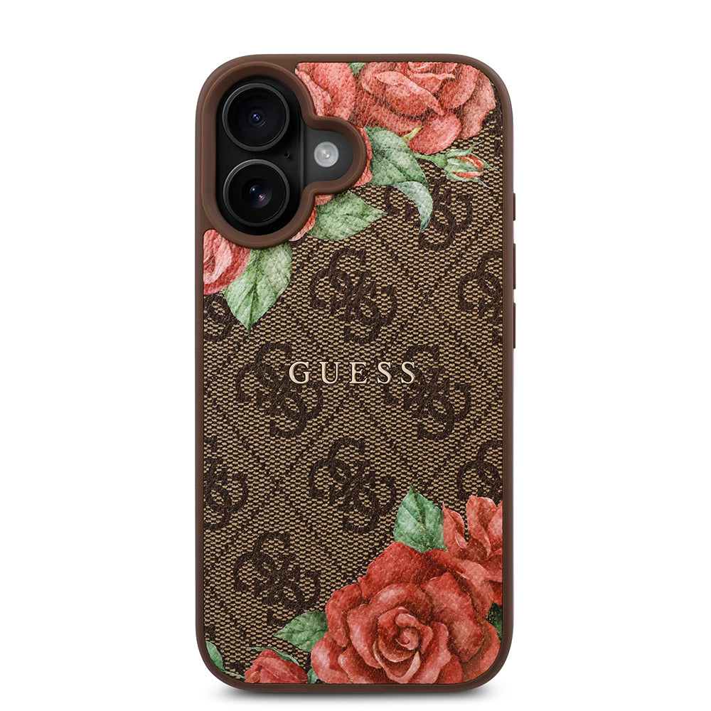 iPhone 16 Plus Kılıf Guess Orjinal Lisanslı M-safe Şarj Özellikli Gül Baskılı 4G Desenli Yazı Logolu Kılıf