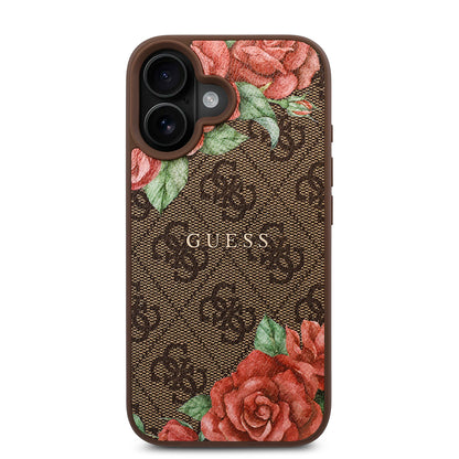 iPhone 16 Plus Kılıf Guess Orjinal Lisanslı M-safe Şarj Özellikli Gül Baskılı 4G Desenli Yazı Logolu Kılıf