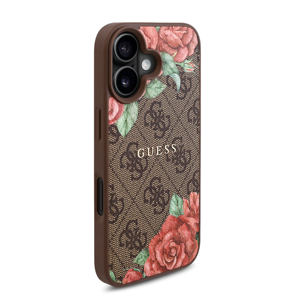 iPhone 16 Plus Kılıf Guess Orjinal Lisanslı M-safe Şarj Özellikli Gül Baskılı 4G Desenli Yazı Logolu Kılıf