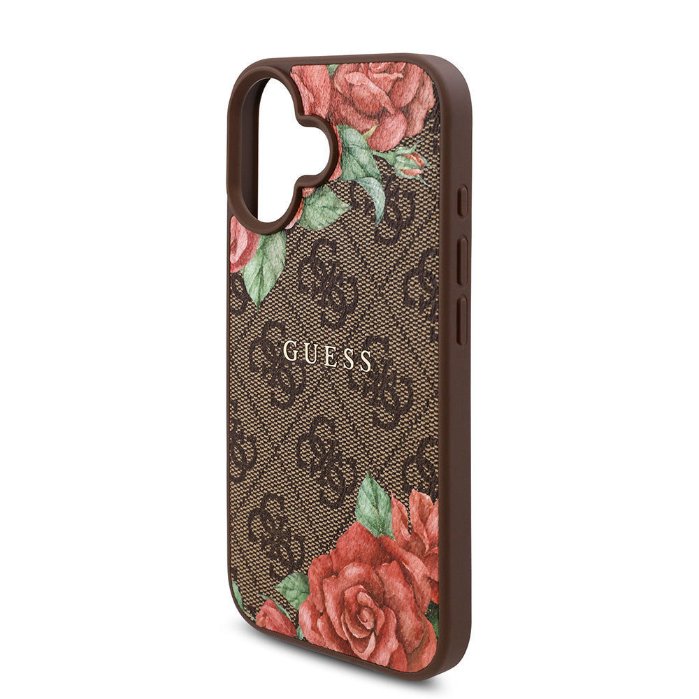 iPhone 16 Plus Kılıf Guess Orjinal Lisanslı M-safe Şarj Özellikli Gül Baskılı 4G Desenli Yazı Logolu Kılıf