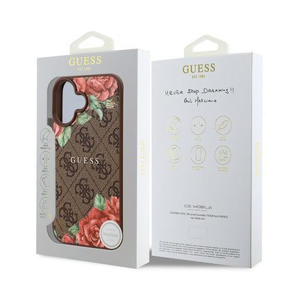 iPhone 16 Plus Kılıf Guess Orjinal Lisanslı M-safe Şarj Özellikli Gül Baskılı 4G Desenli Yazı Logolu Kılıf