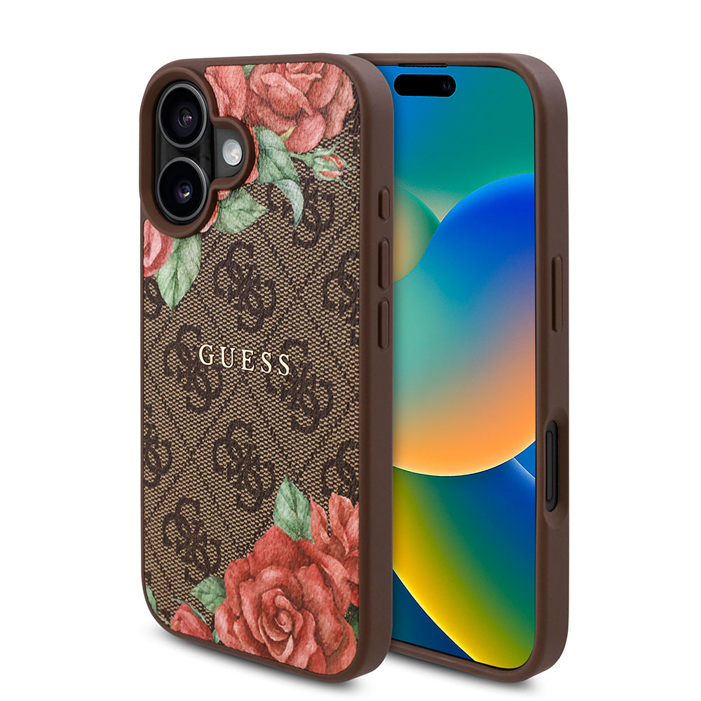 iPhone 16 Plus Kılıf Guess Orjinal Lisanslı M-safe Şarj Özellikli Gül Baskılı 4G Desenli Yazı Logolu Kılıf