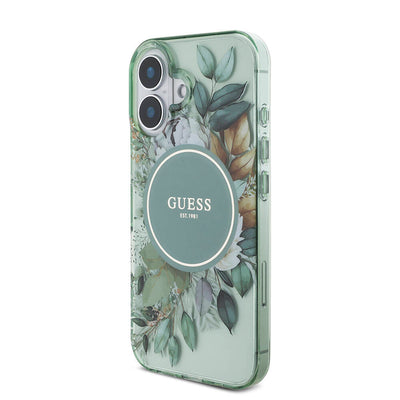Apple iPhone 16 Plus Kılıf Guess Orjinal Lisanslı Magsafe Şarj Özellikli IML Baskılı Çiçek İnci Bileklikli Kapak Pembe